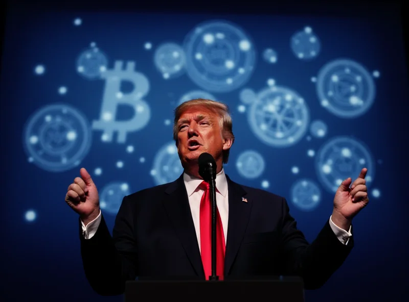 Donald Trump speaking at a podium with a cryptocurrency logo projected behind him.