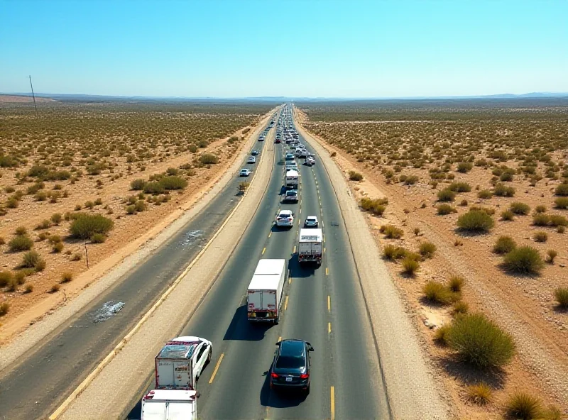 Aerial view of a busy border crossing between the US and Mexico.