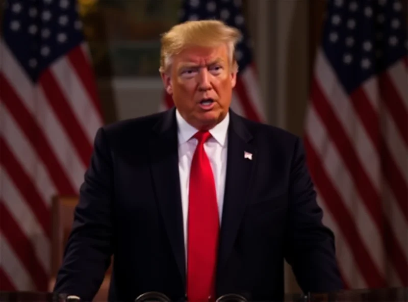 President Trump speaking at a podium with an American flag in the background.