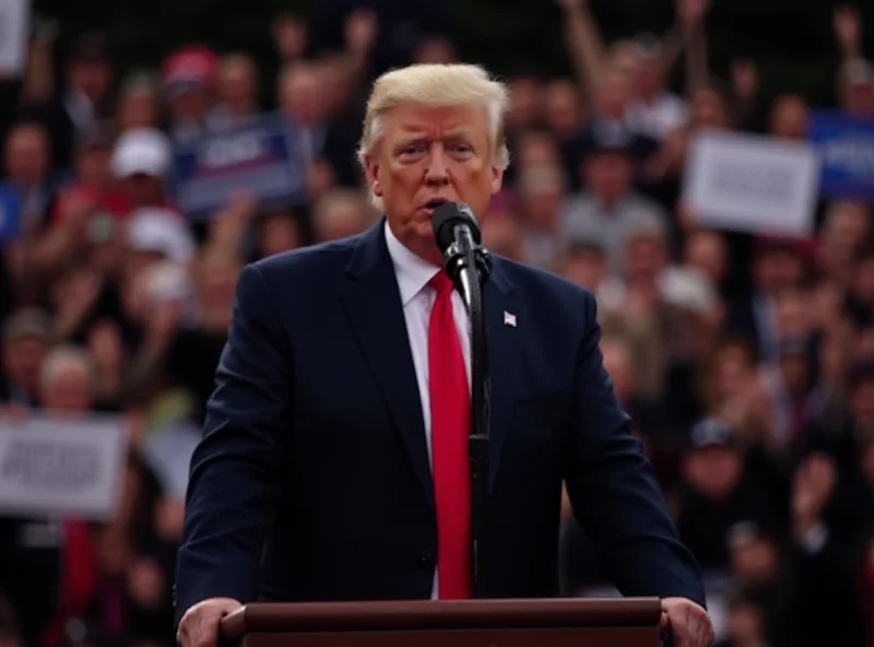 Donald Trump speaking at a rally, with a crowd in the background.