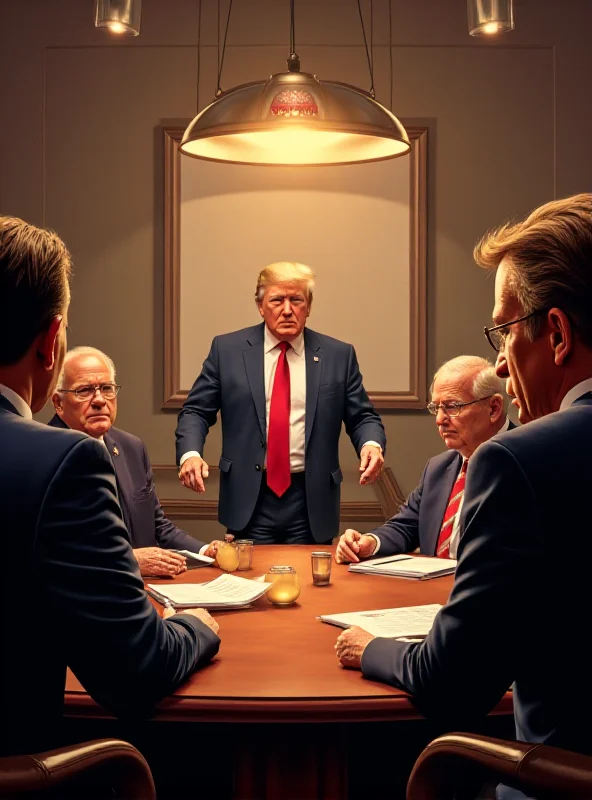 Illustration of business executives in a boardroom setting, subtly indicating support for Trump