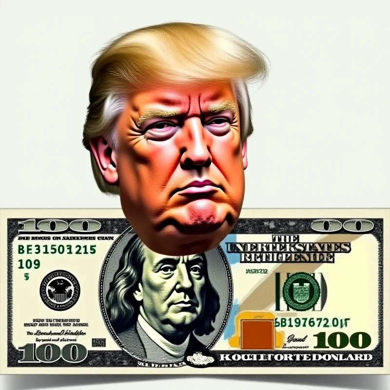 A stylized image showing a US $100 bill with Donald Trump's face replacing Benjamin Franklin's.