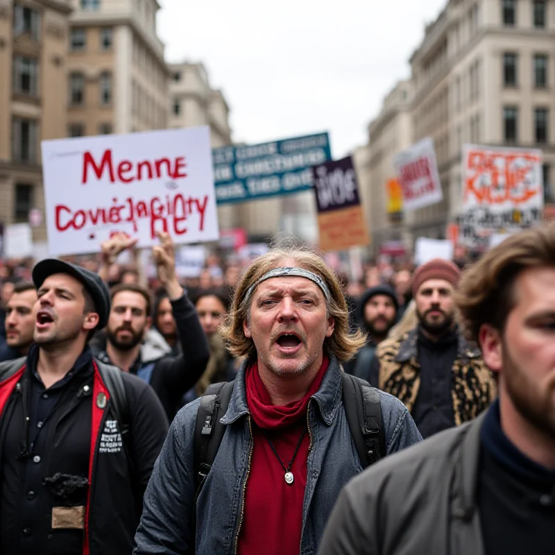 An angry crowd protesting with signs and shouting, demanding the firing of a TV host.