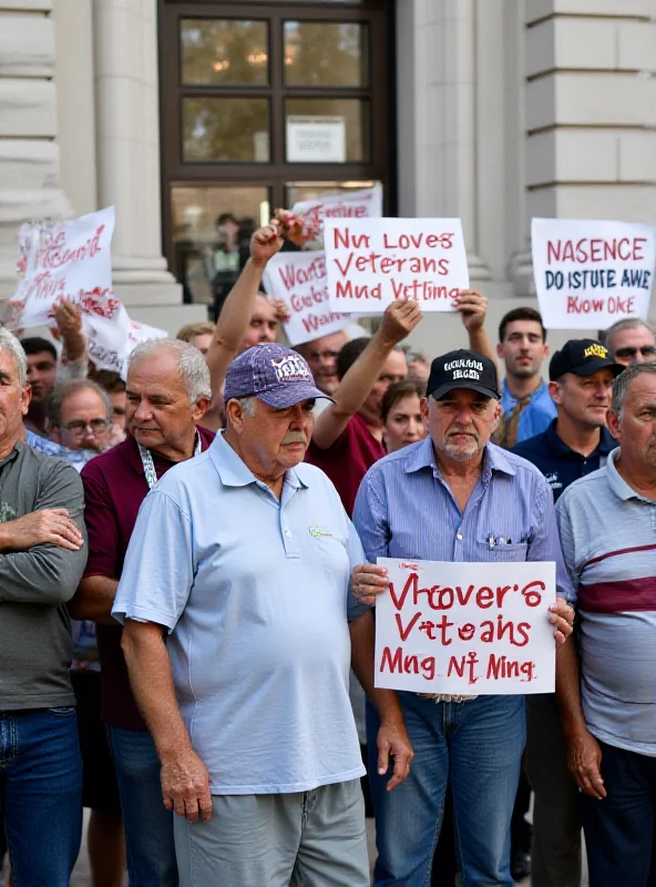 Group of veterans protesting in front of a government building, holding signs expressing their disagreement with proposed cuts.