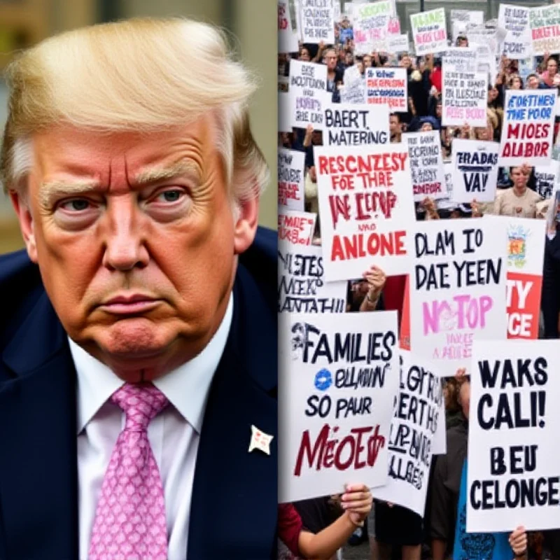 A split image showing Donald Trump on one side and various protest signs on the other.