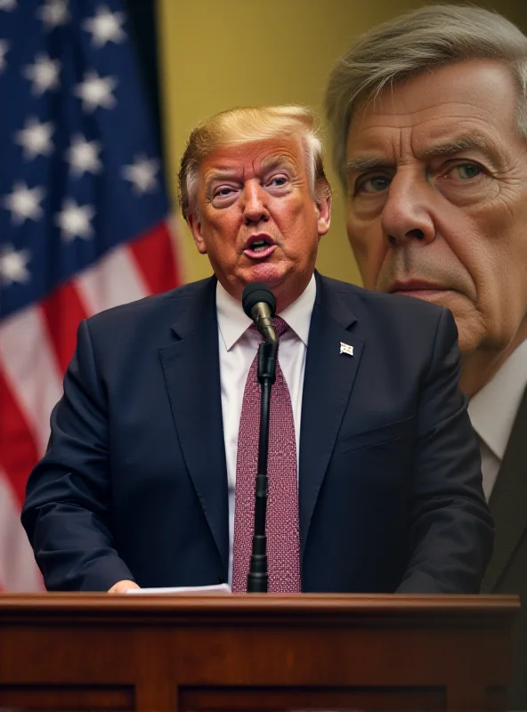 A split image, one side showing Donald Trump giving a speech, the other showing Volodymyr Zelenskyy addressing an audience. A subtle, faded image of George Orwell's face appears in the background.