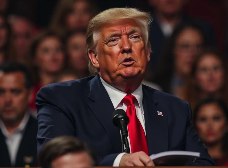 Donald Trump standing in front of a courtroom, looking serious.