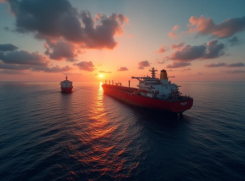 An oil tanker at sea, with a US Navy ship in the background, symbolizing the halt in fuel supply.