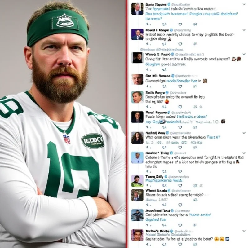 A split screen showing Brett Favre on one side and a Twitter feed with heated debate on the other, symbolizing the online reaction to his comments.