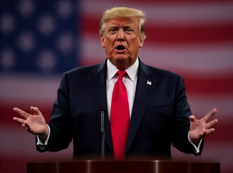 Donald Trump standing at a podium addressing a crowd, with the American flag in the background, speaking about trade.