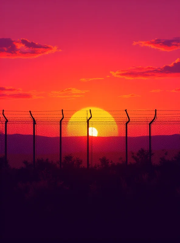 A stylized image of a border fence with a vibrant sunset in the background, representing the complex challenges of border security.