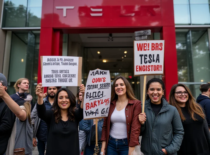 Protestors holding signs outside of a Tesla showroom.