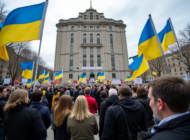 A crowd of protesters holding Ukrainian flags and signs outside the US embassy in London.