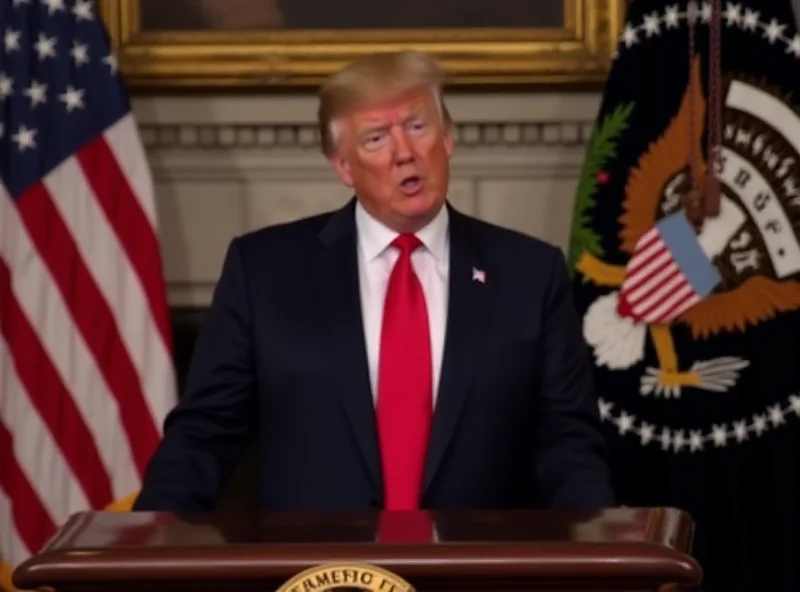 Donald Trump speaking at a podium with flags behind him.