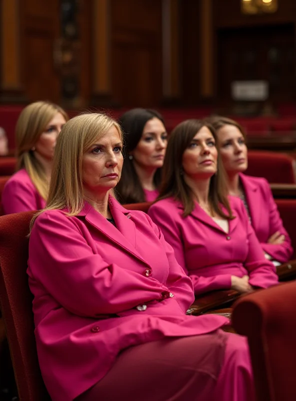 Group of women wearing pink suits and dresses, sitting in a Congressional chamber.