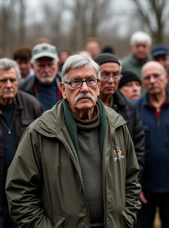 A group of veterans standing together with concern on their faces.