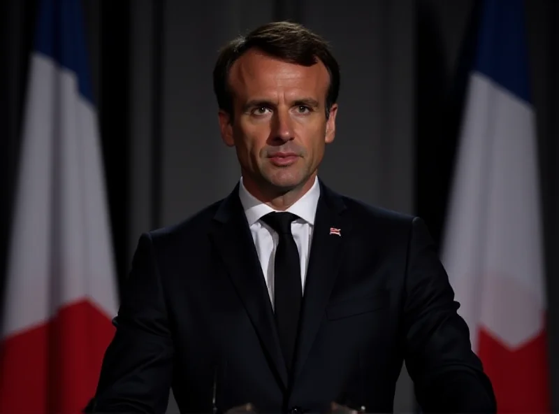 Emmanuel Macron delivering a speech at a podium with the French flag in the background.