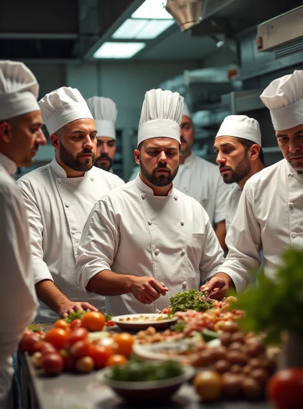 A group of diverse chefs in a busy restaurant kitchen, some looking frustrated.