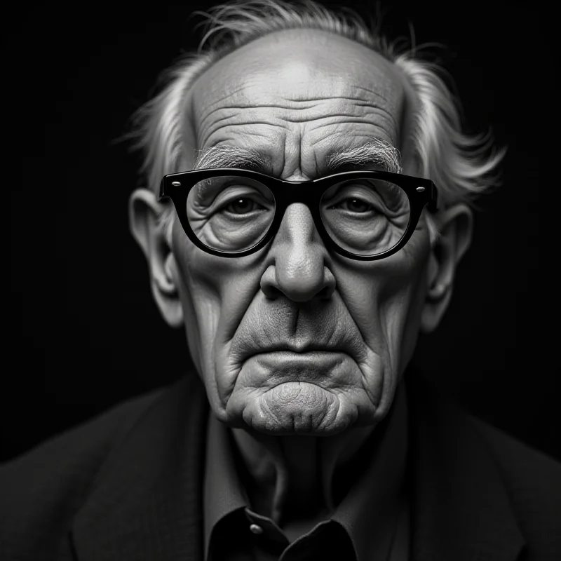 A black and white portrait of an elderly man with glasses, looking directly at the camera with a thoughtful expression.