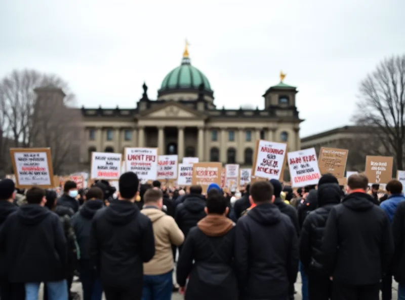 Image of the German Bundestag building with protestors holding signs in the foreground