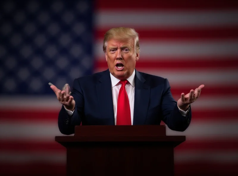 Donald Trump speaking at a podium with the American flag in the background.