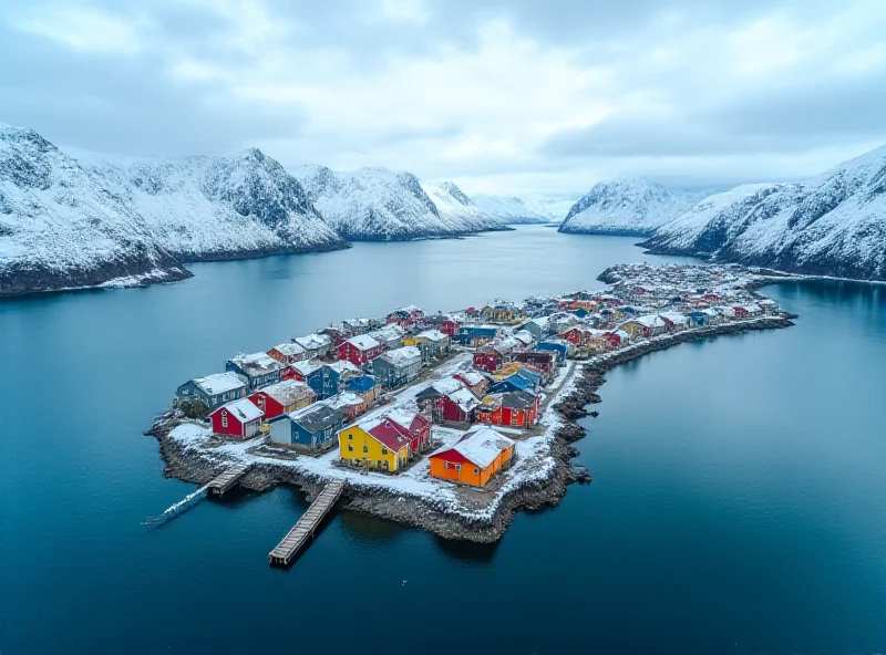 Aerial view of a colorful Greenlandic town nestled between fjords and snow-capped mountains.