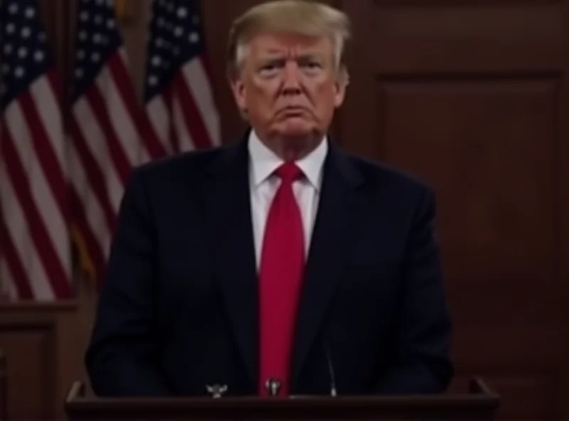 Donald Trump speaking at a podium with the American flag behind him.