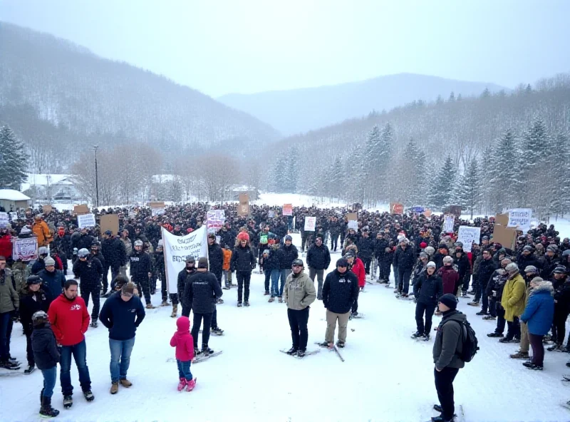 A crowd of people protesting peacefully in a snowy landscape.