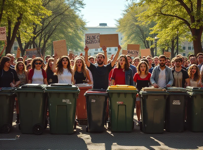 Protestors standing behind barricades at a university.