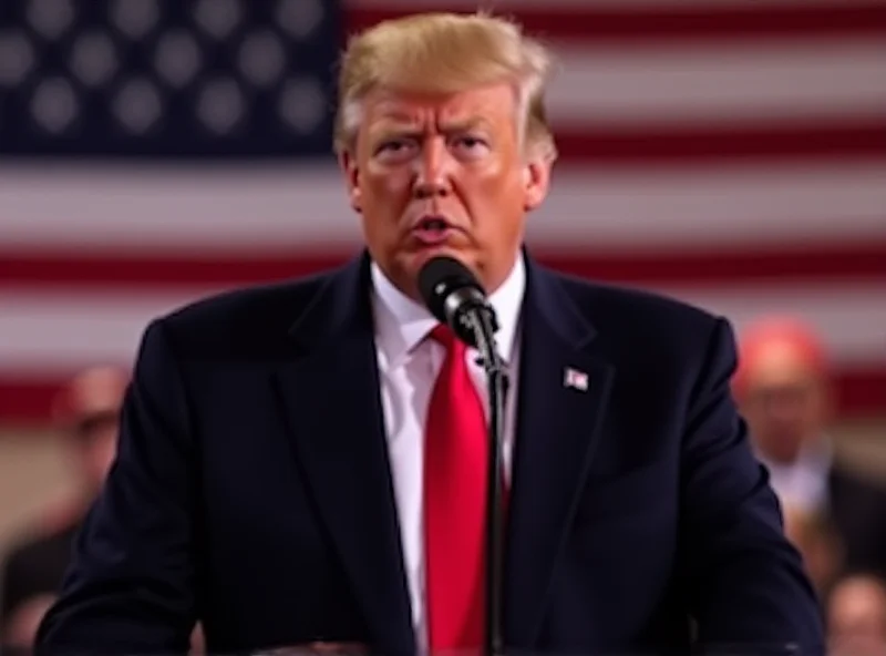 Donald Trump speaking at a podium with the American flag in the background.