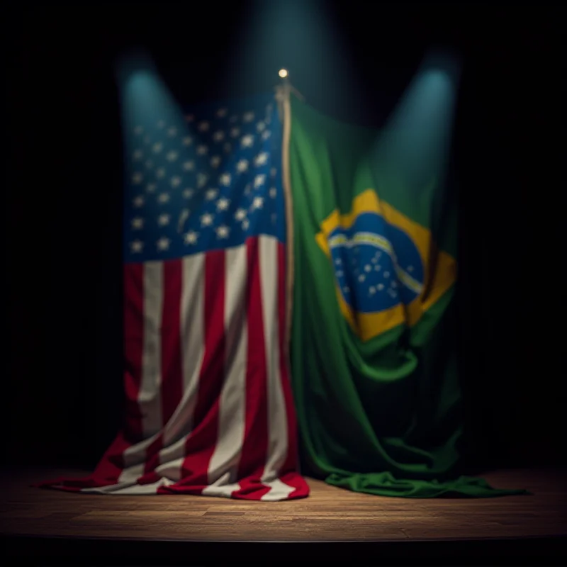 A stylized image depicting a stage with the American and Brazilian flags intertwined in the background.