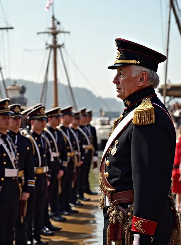 King Charles in military uniform inspecting a naval ship