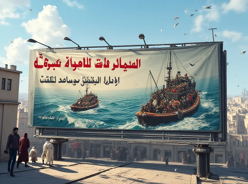 A poster showing the dangers of crossing the English Channel, written in Arabic script