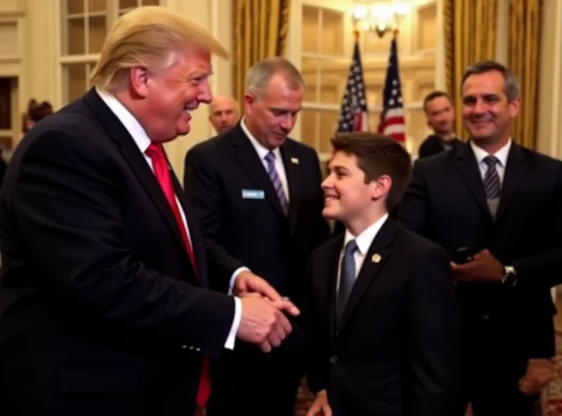 Donald Trump shaking hands with a young boy in a suit and tie, surrounded by Secret Service agents. The boy is smiling and appears to be honored. The background shows the interior of a formal government building.