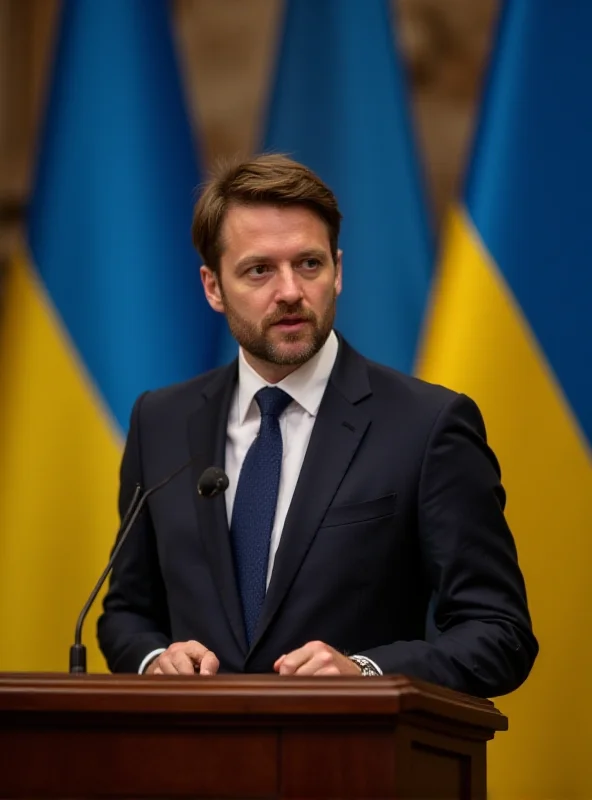 Volodymyr Zelensky standing at a podium addressing an audience, with a serious expression. The Ukrainian flag is visible in the background. The setting appears to be a formal press conference or government event.