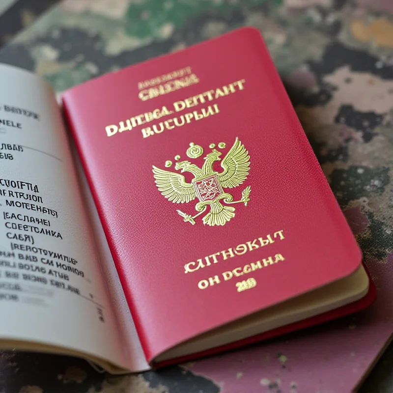 A close-up of a Russian passport with Cyrillic text and the Russian coat of arms. The passport is open, and details such as name and date of birth are visible. The background is blurred.