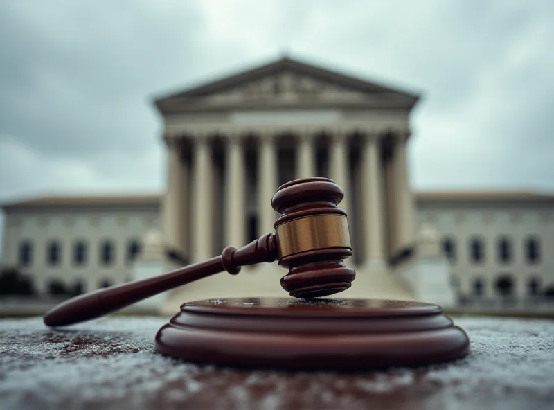 Illustration of the Supreme Court building with a gavel resting on top, symbolizing the legal challenge to Trump's aid freeze.