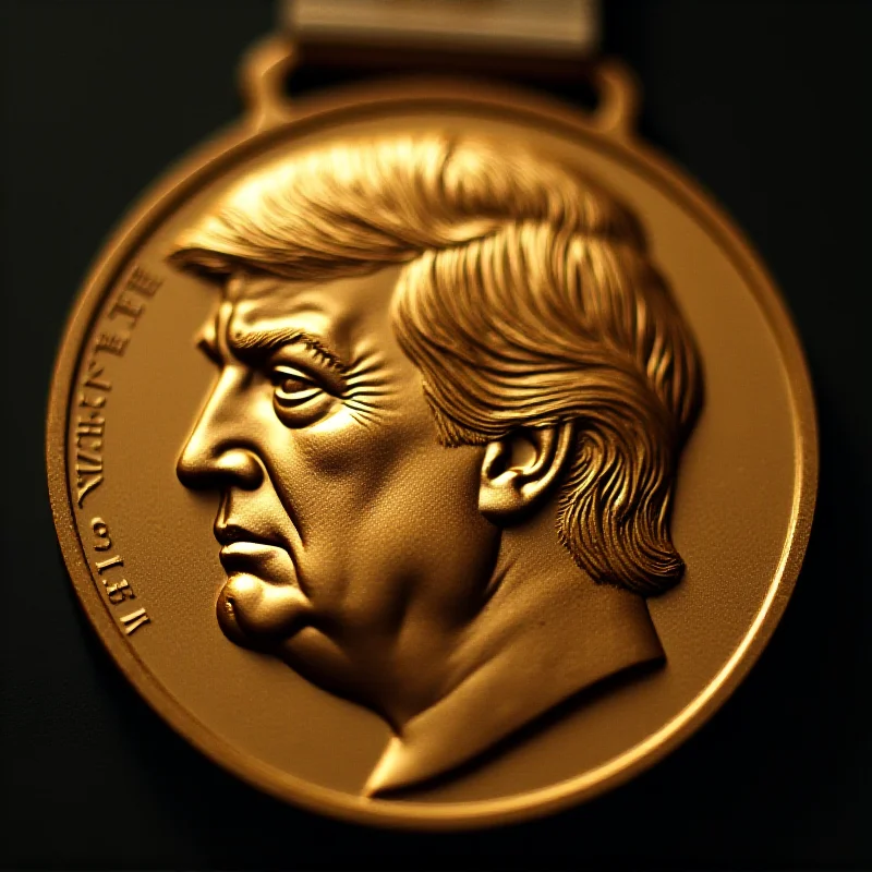 A close-up illustration of a Nobel Peace Prize medal, with a subtle reflection of Donald Trump's face in the polished surface, suggesting his possible nomination.