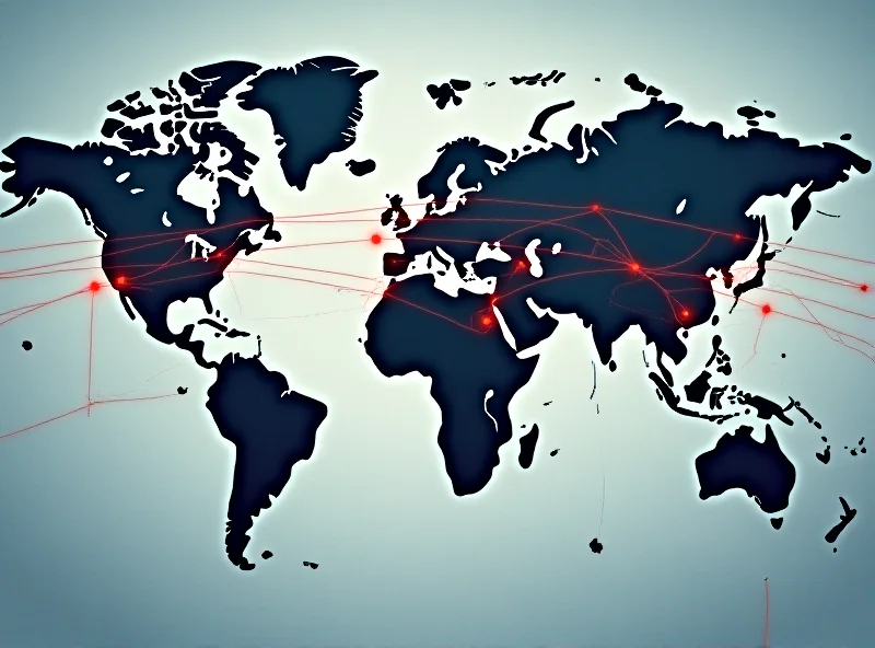 Illustration of a world map with arrows indicating trade routes, some blocked by tariff barriers.