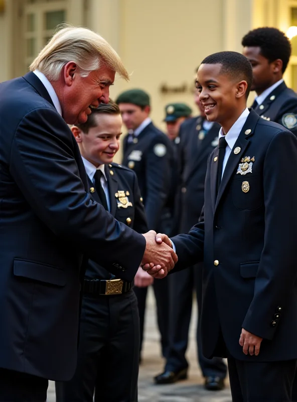 President Trump shaking hands with a young boy in a Secret Service uniform, surrounded by agents.