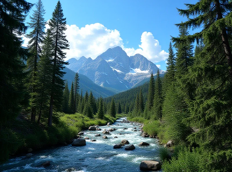 Image depicting a scenic view of a US national park, with towering trees, a flowing river, and a majestic mountain range in the background.