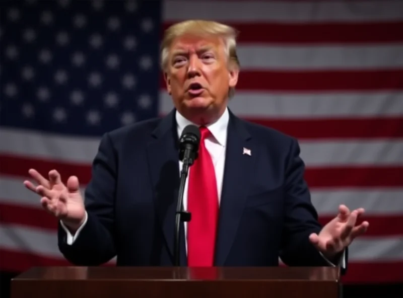 Donald Trump speaking at a podium with the American flag behind him