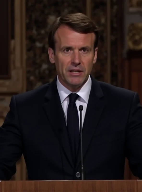 Emmanuel Macron giving a speech with a serious expression on his face