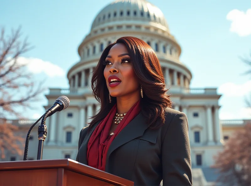 Digital illustration of Jasmine Crockett speaking at a press conference, with the US Capitol building in the background, emphasizing her role as a representative and her strong stance.