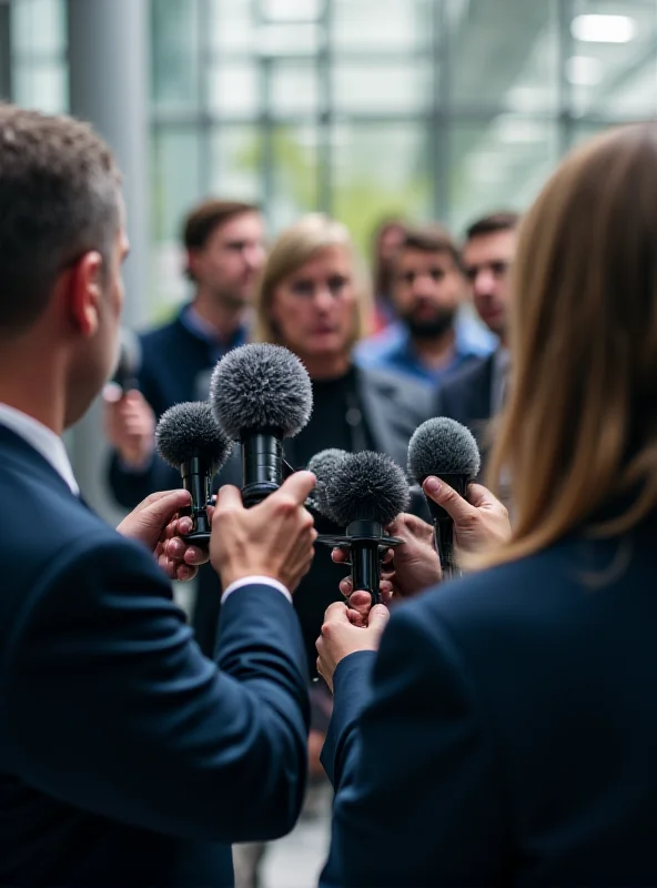 A group of reporters with microphones and cameras pointed towards a speaker at a press conference.