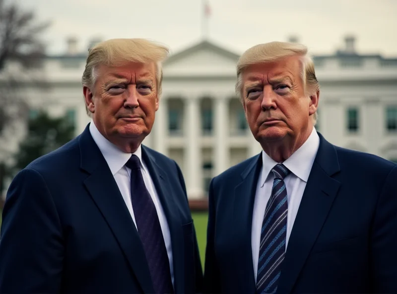 Donald Trump standing next to Volodymyr Zelensky, both in suits, with a neutral expression. The White House is in the background.