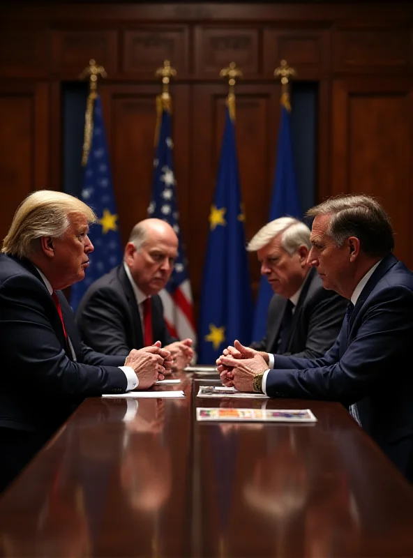 A tense meeting between EU and US trade representatives, with flags of the European Union and the United States prominently displayed, suggesting a standoff in trade negotiations.