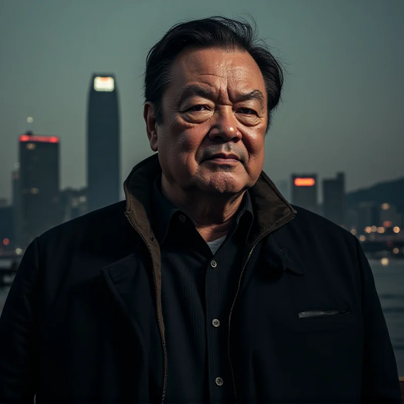 A portrait of Jimmy Lai, with a subtle Hong Kong skyline in the background, conveying a sense of political tension and controversy surrounding his actions.