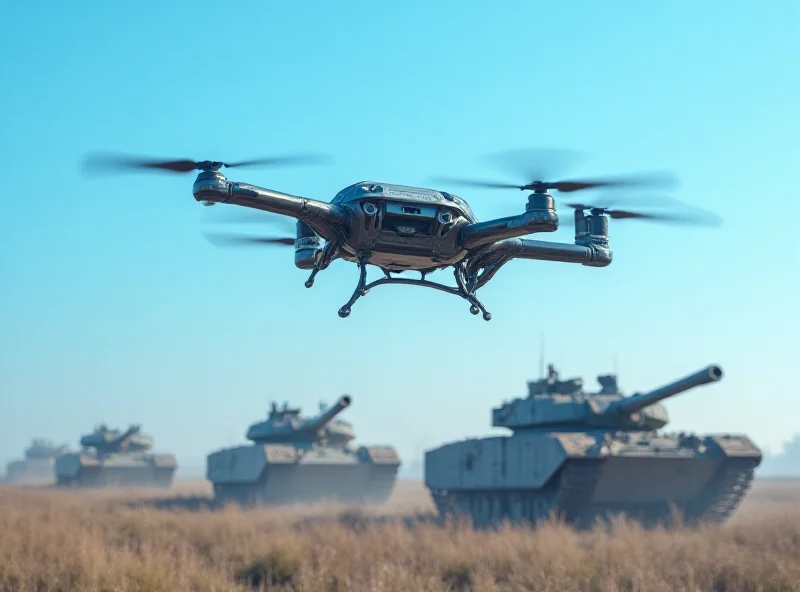 A futuristic depiction of military drones in flight, with tanks rendered obsolete in the background, illustrating a shift towards modern defense technology.