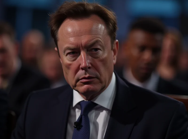 Elon Musk at a conference with a slightly concerned expression.